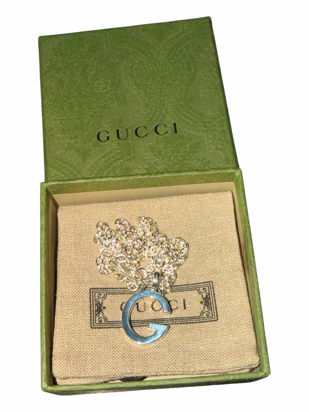 NIB Gucci Sterling Silver 925 Cutout G Motif Pendant Necklace 18" Full Set